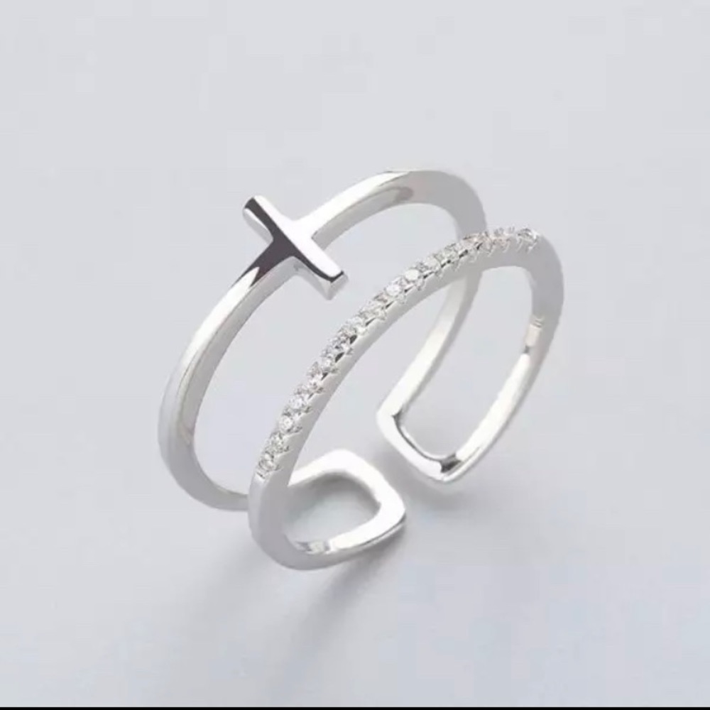 Adjustable silver plated cross ring